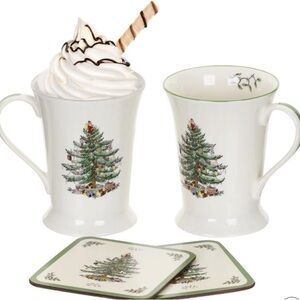 Spode Brand New Christmas Tree Mug Set with Coasters